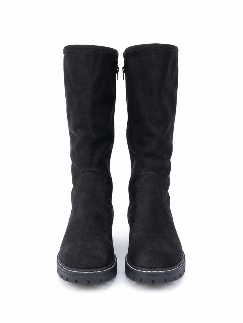 Esprit Black Suede Slouch Boots Lug Sole Zip Mid Calf Grunge Moto Y2K Size 6.5